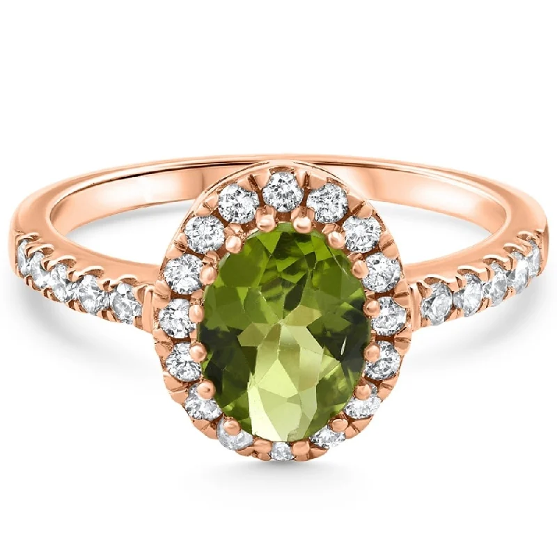 Engagement rings with pink tourmaline for charm -1 1/2Ct Oval Peridot Halo Diamond Ring Gold Lab Grown