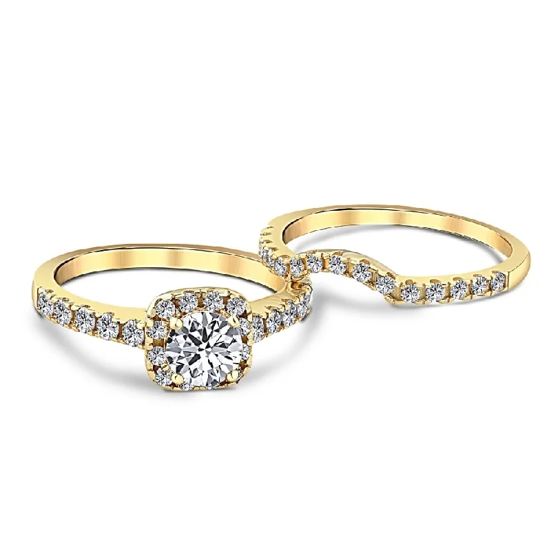 Engagement rings with hexagonal-cut sapphire gems -1 1/4 Ct Diamond Cushion Halo Engagement Wedding Ring Set Yellow Gold