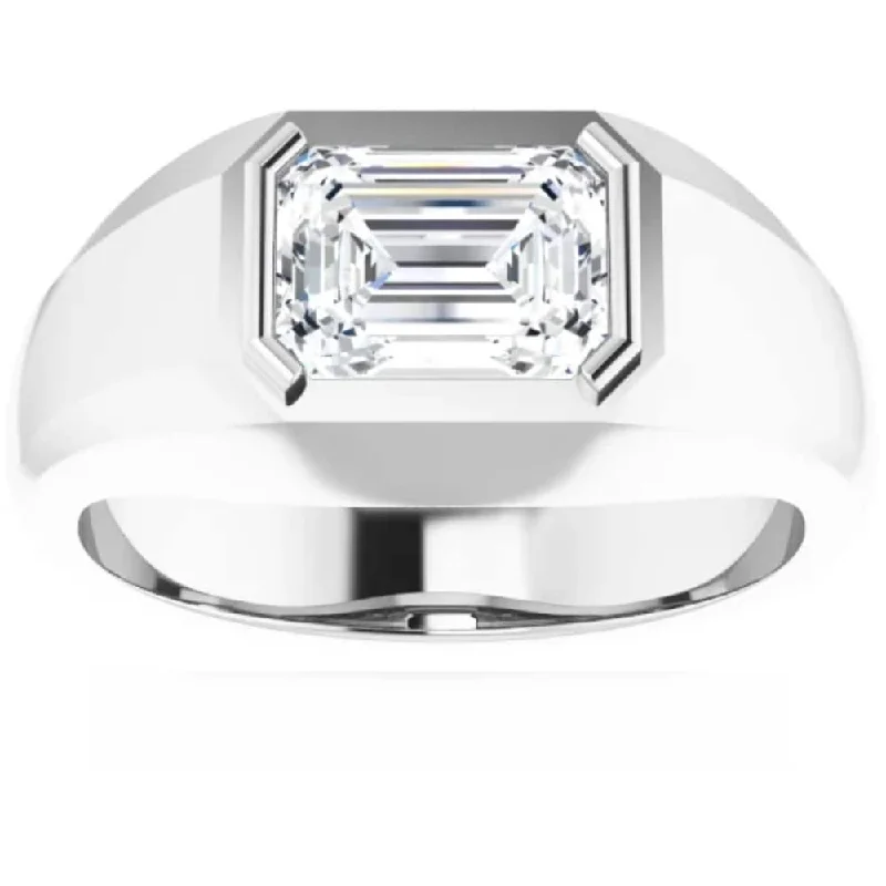 Engagement rings with floral-inspired sapphire bands -1 3/8Ct Emerald Cut Solitaire Men's Bezel Ring in Gold Lab Grown