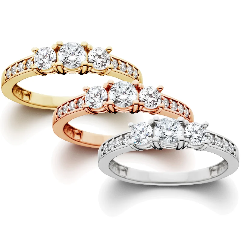 Engagement rings with leaf-inspired emerald designs -1 ct 3-Stone Diamond Engagement Ring in White, Yellow, Rose Gold