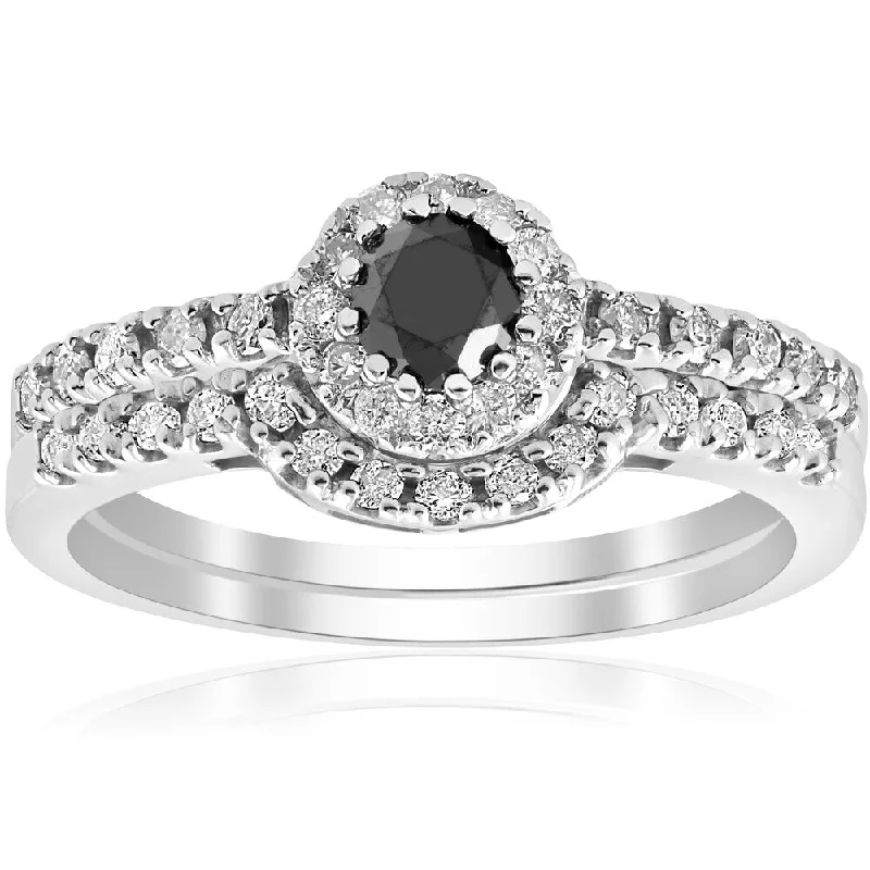 Engagement rings with heart-shaped garnet for love -14K White Gold 7/8 ct TDW Black & White Diamond Halo Engagement Wedding Guard Ring Set (I-J,I2-I3)