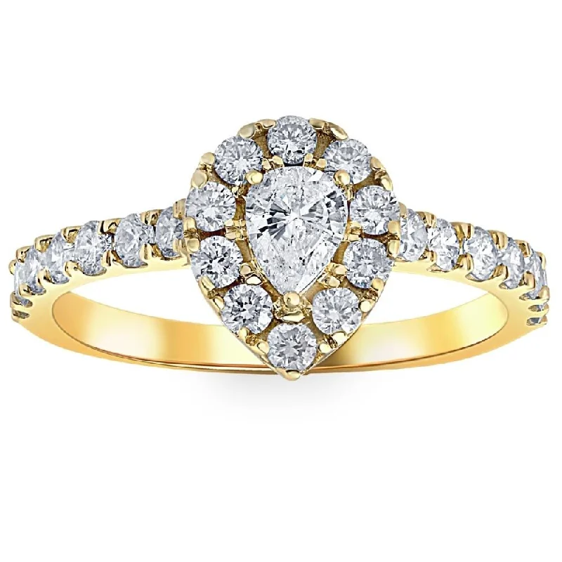 Engagement rings with floral halo of topaz -1Ct Pear Shape Diamond Halo Engagement Ring in White, Yellow, or Rose Gold