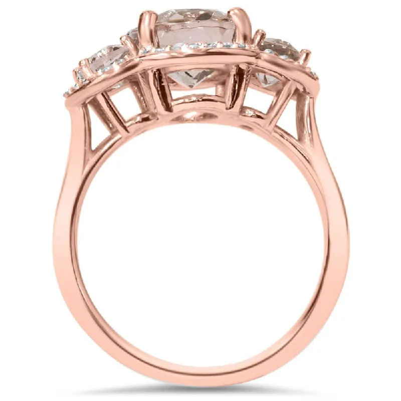 Engagement rings with halo of tiny rubies -2 3/4ct Morganite 3 Stone Diamond Oval Halo Ring Rose Gold