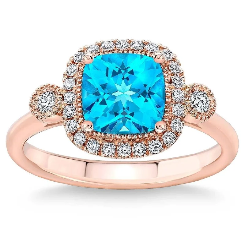 Engagement rings with twisted bands and diamonds -2Ct TW Blue Cushion Topaz & Diamond Halo Engagement Ring in Rose Gold