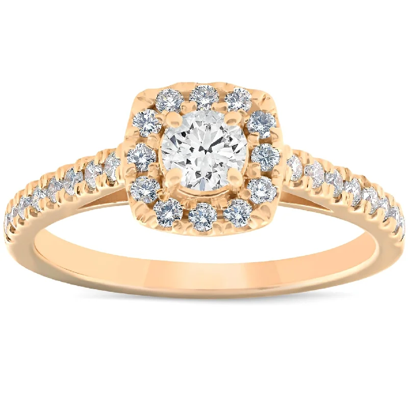 Engagement rings with pave-set turquoise accents -3/4 Ct Diamond Cushion Halo Engagement Ring Yellow Gold Lab Grown