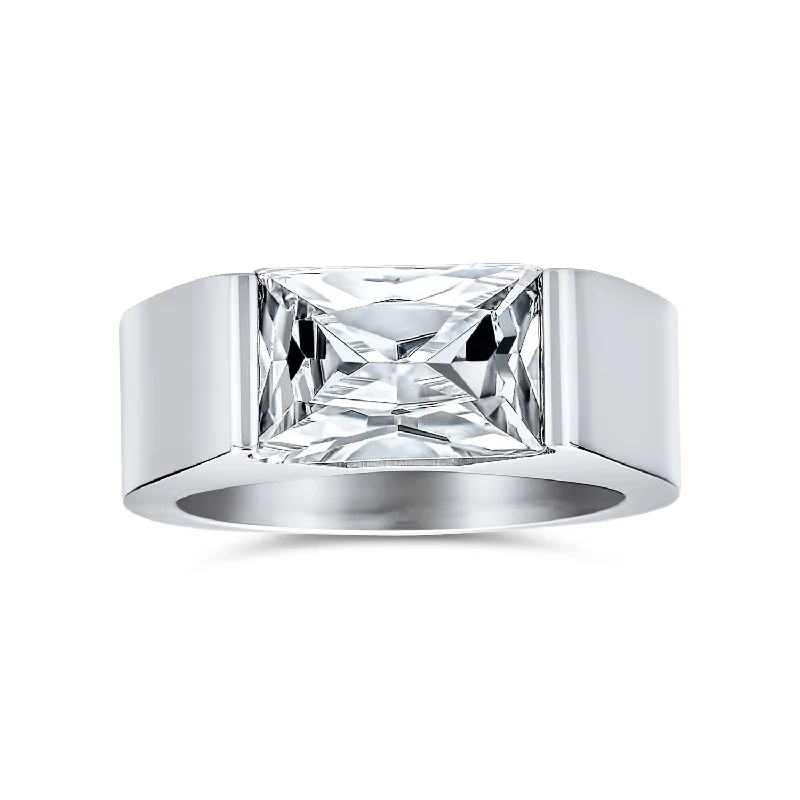 Engagement rings with sleek onyx for contrast -4CT Imitation Sapphire Emerald Cut CZ Mens Engagement Ring Stainless