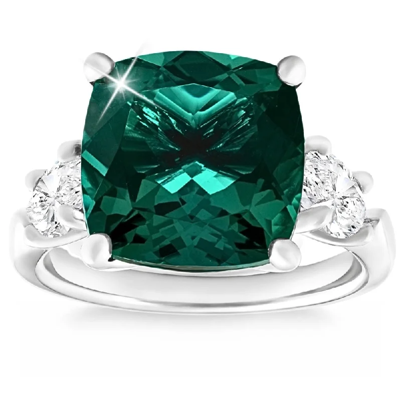 Engagement rings with sleek onyx for contrast -7.55Ct Green Cushion Emerald & Marquise Three Stone Ring Gold lab Grown