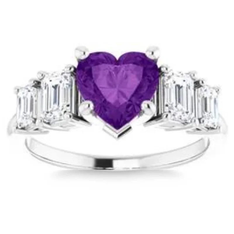 Engagement rings with vintage-inspired claw prongs -7mm Amethyst Five-Stone Diamond Heart Shape Ring in White or Yellow Gold