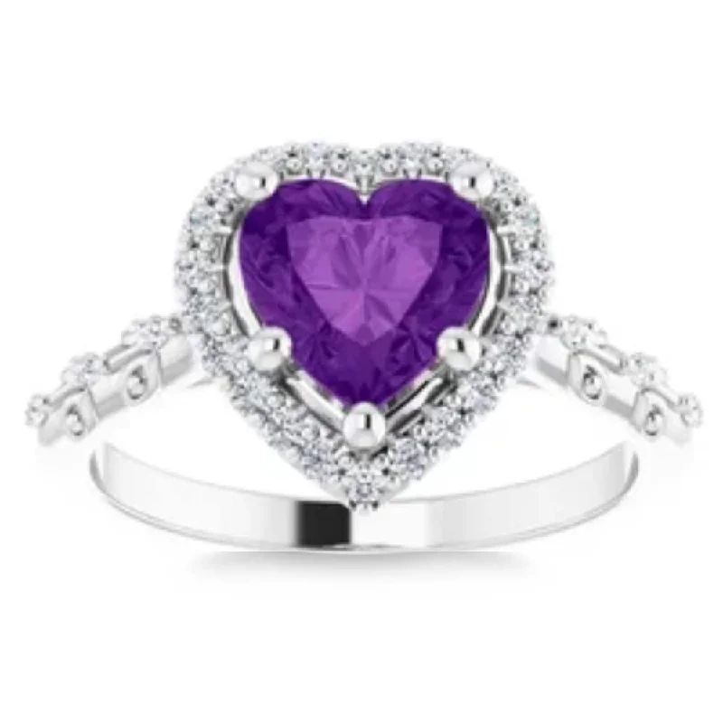 Engagement rings with rose-cut ruby for drama -7mm Amethyst Halo Diamond Heart Shape Accent Ring in White or Yellow Gold