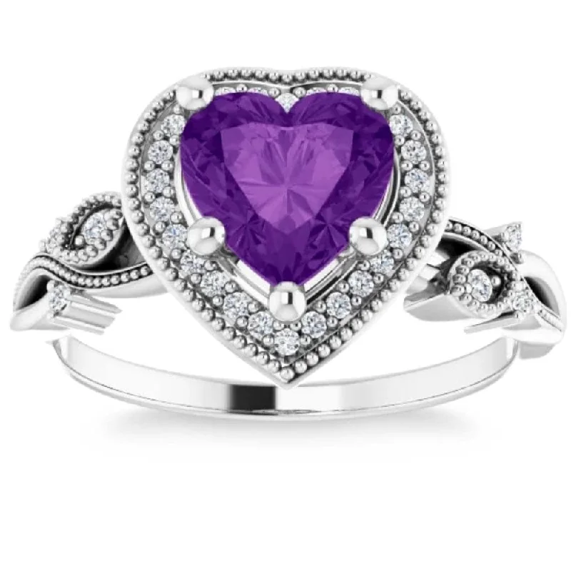 Engagement rings with star sapphire for glow -7mm Amethyst Vintage Diamond Heart Shape Halo Ring in White or Yellow Gold