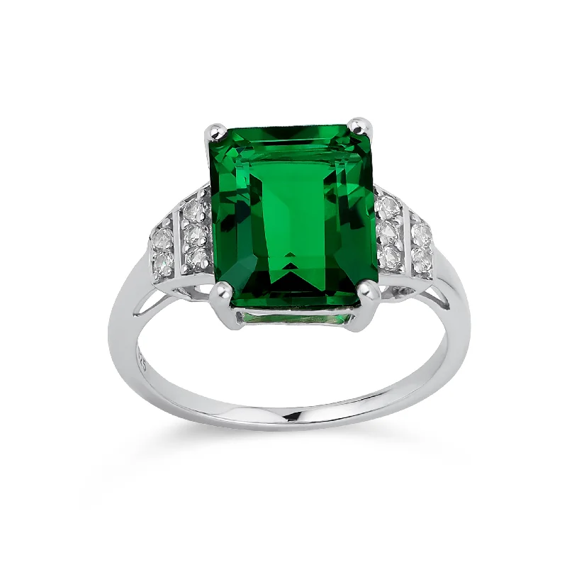 Engagement rings with engraved initials inside bands -Art Deco 3CT Nano Emerald & Sapphire Engagement Ring in Sterling Silver