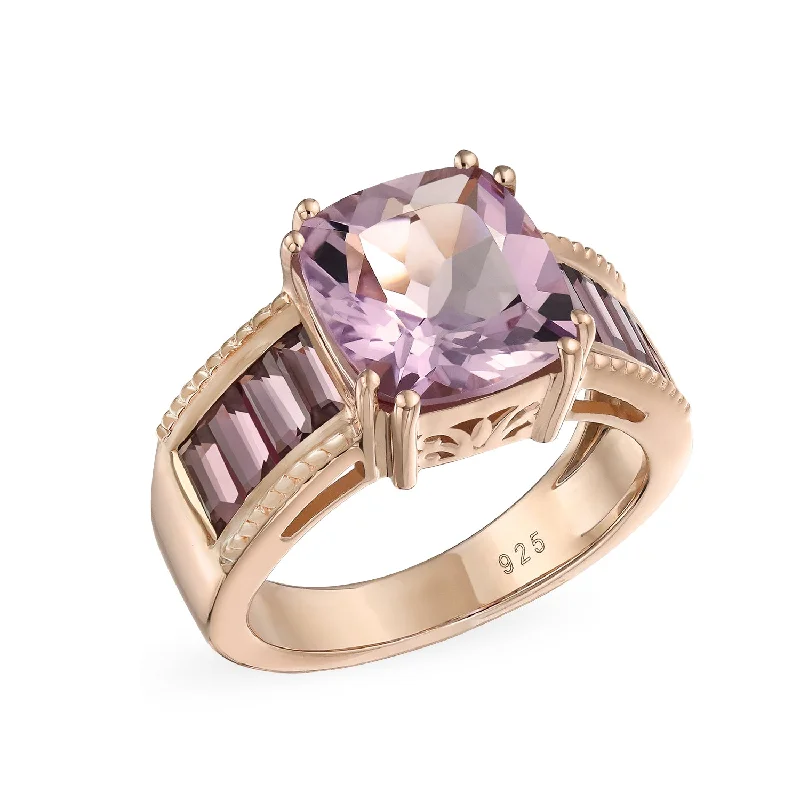 Engagement rings with crisscross onyx band designs -Art Deco 5.45CT Pink Amethyst Engagement Ring with Rhodolite Garnet, Rose Gold