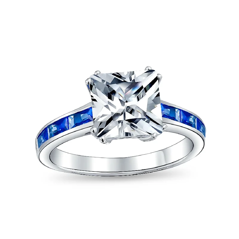 Engagement rings with subtle engraved turquoise bands -Classic Art Deco 3CT CZ Princess Cut Engagement Ring with Sapphire Blue Band