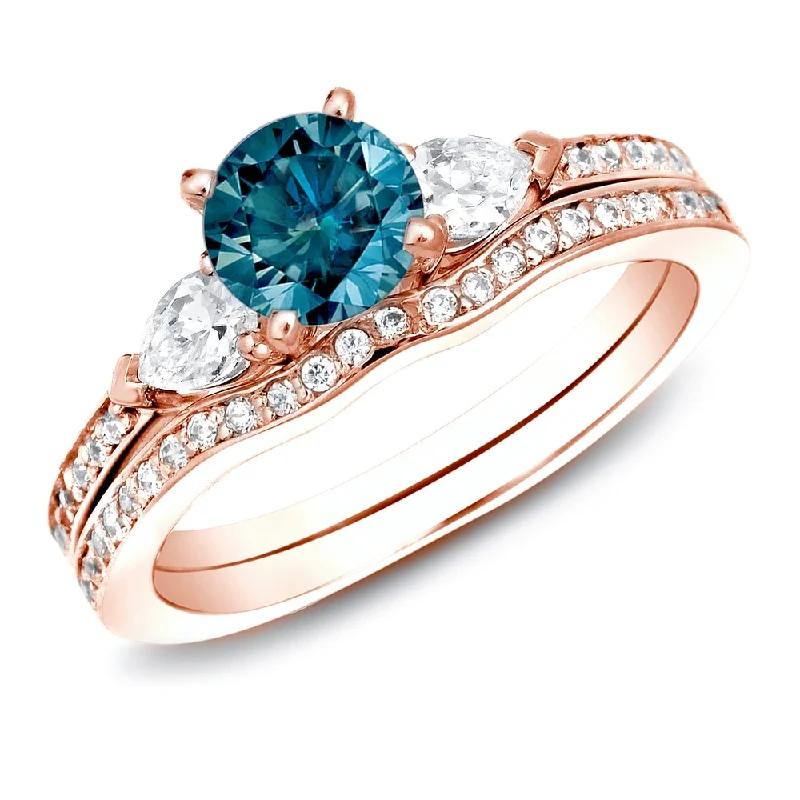 Engagement rings with crisscross onyx band designs -Auriya 14k Rose Gold 1ctw Blue Diamond 3-stone Engagement Ring Set