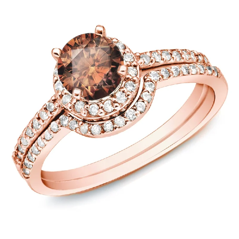 Engagement rings with raw garnet for rugged charm -Auriya 14k Rose Gold 1ctw Brown Diamond Halo Engagement Ring Set