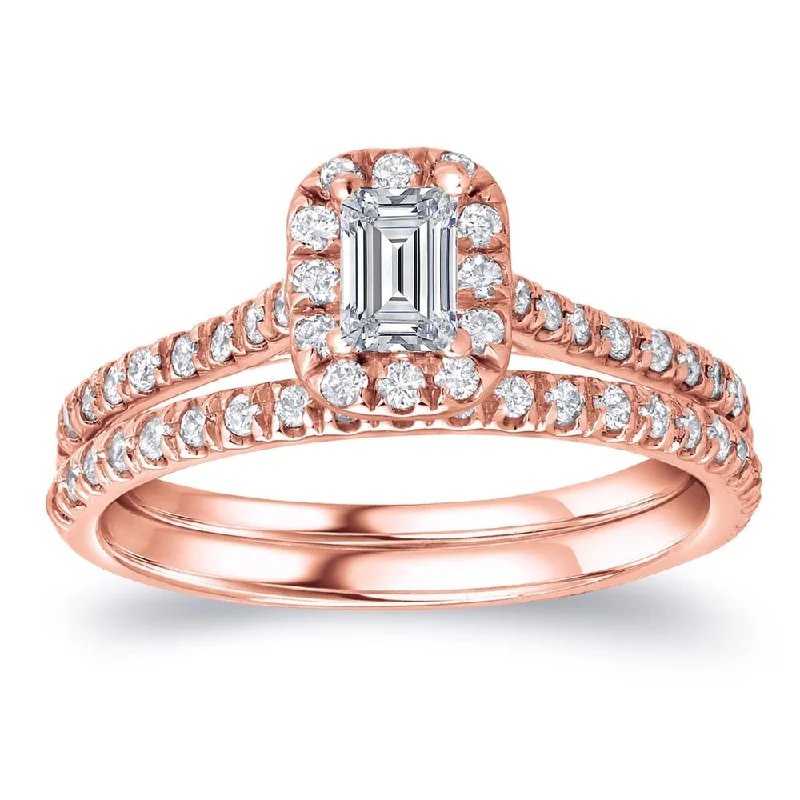 Engagement rings with asscher-cut jade for class -Auriya 14k Rose Gold 1ctw Emerald-Cut Diamond Halo Engagement Ring Set