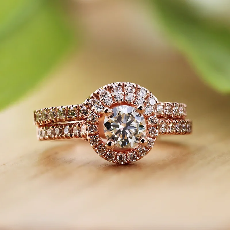 Engagement rings with marquise-cut topaz for shine -Auriya 14k Rose Gold 1ctw Round Diamond Halo Engagement Ring Set