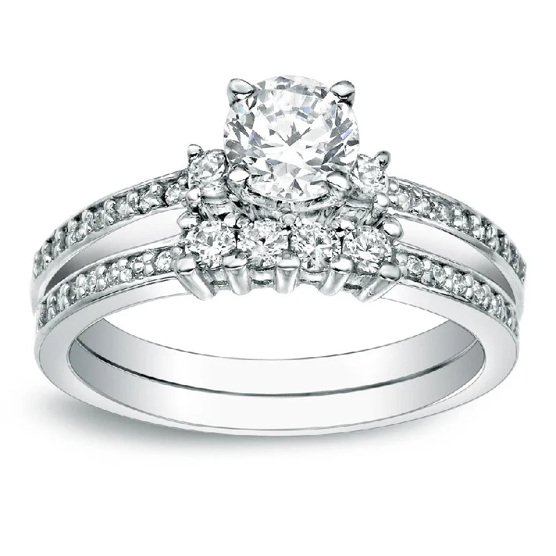 Custom engagement rings with engraved floral bands -Auriya Platinum 1 carat TW Round 3-Stone Diamond Engagement Ring Set