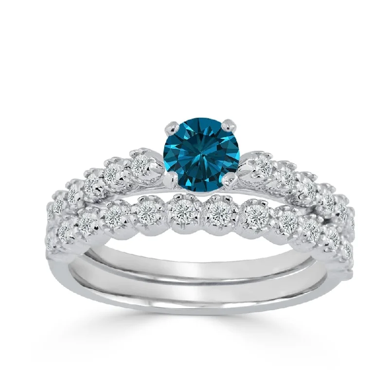 Engagement rings with subtle engraved turquoise bands -Auriya Round 3/4ctw Blue Diamond Engagement Ring Set 14k Gold