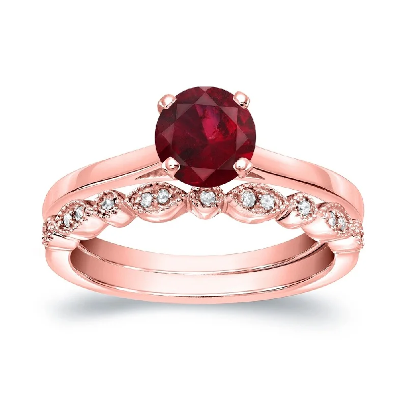 Engagement rings with hidden aquamarine stone accents -Auriya Vintage Stackable 3/5ct Red Ruby Solitaire and 1/6ctw Diamond Engagement Ring Set 14k Gold