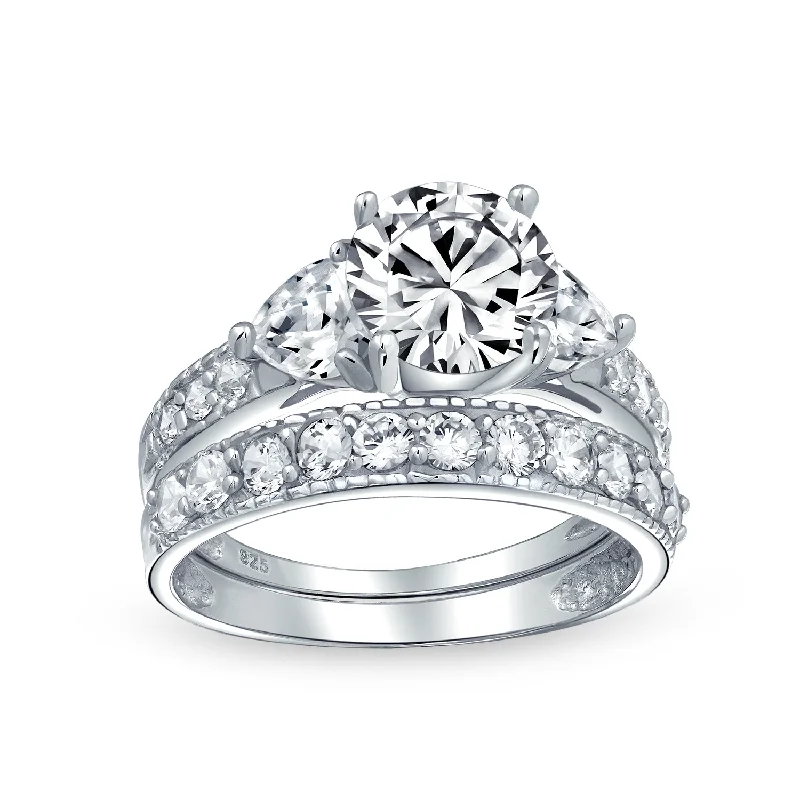 Engagement rings with twisted bands and diamonds -Classic Cocktail Statement Ring: 3CT Round Solitaire CZ Pave Band Sterling Silver