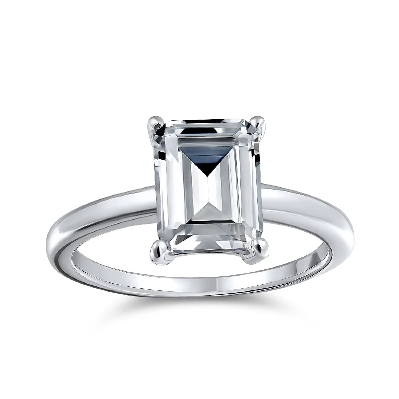 Engagement rings with matte finish rose gold -Classic 2.5CT Emerald Cut CZ Solitaire Engagement Ring, Sterling Silver Thin Band