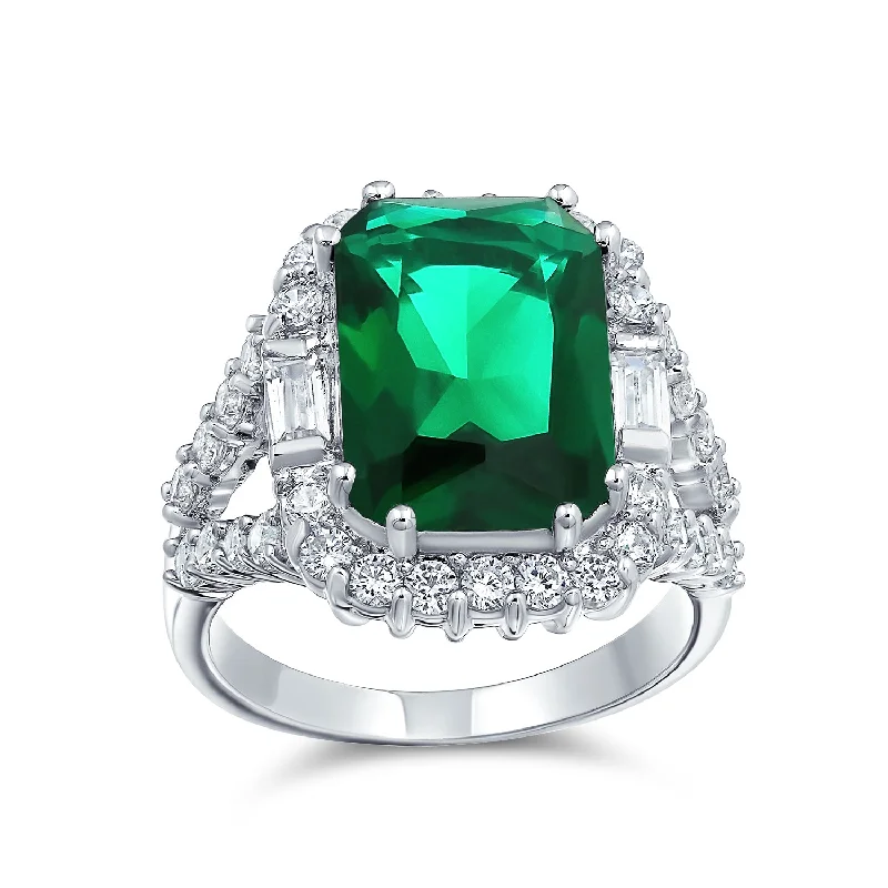 Engagement rings with cathedral-set ruby stones -Cocktail Statement Ring: 7CT Green Simulated Emerald Cut CZ Pave Silver Fashion Ring