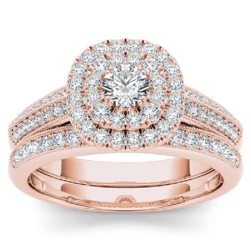 Engagement rings with infinity twist diamond bands -De Couer 10k Rose Gold 7/8ct TDW Diamond Double Halo Engagement Ring Set with One Band - Pink