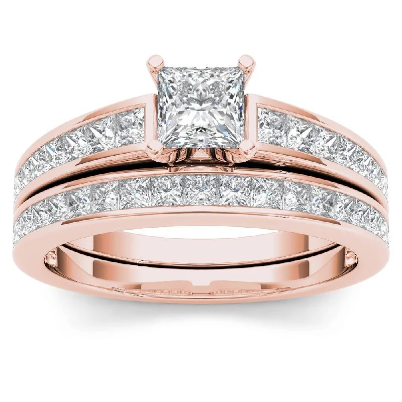 Engagement rings with halo of vibrant citrine -De Couer 14k Rose Gold 1 1/2ct TDW Diamond Classic Engagement Ring Set with One Band - Pink