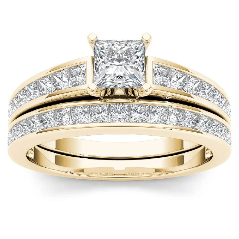 Engagement rings with sleek rose gold twists -De Couer 14K Yellow Gold 2ct TDW Princess-Cut Diamond Engagement Ring Set