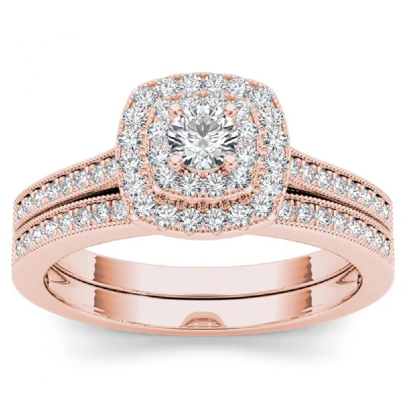 Engagement rings with vibrant smoky quartz bands -De Couer IGI Certified 14k Rose Gold 1/2ct TDW Diamond Double Halo Bridal Ring Set