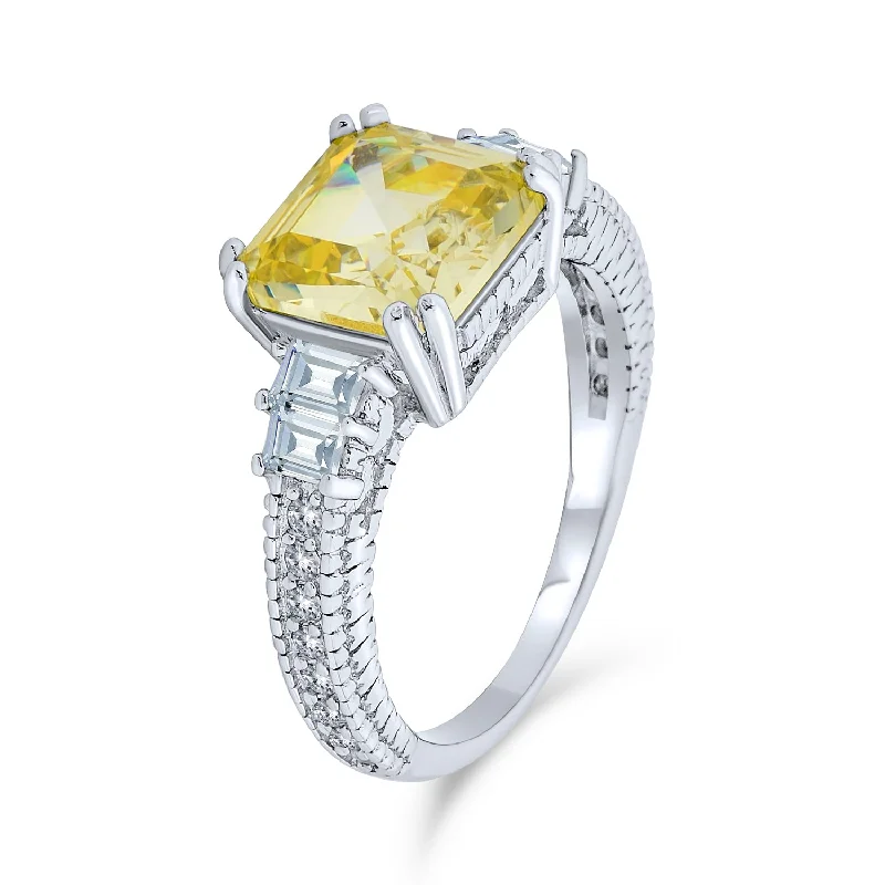 White gold engagement rings with radiant opal stones -Elegant Art Deco 2CT Canary Yellow CZ Asscher Cut Engagement Ring with Baguettes