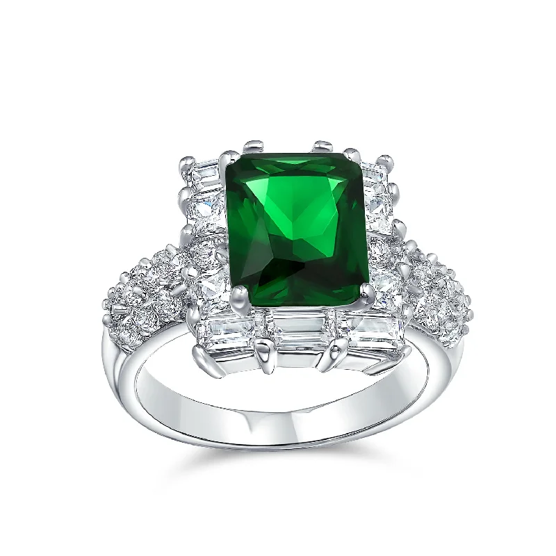 Engagement rings with two-tone sapphire bands -Fashion Rectangle CZ Pave Simulated Emerald 5CT Cocktail Statement Ring Silver Plated