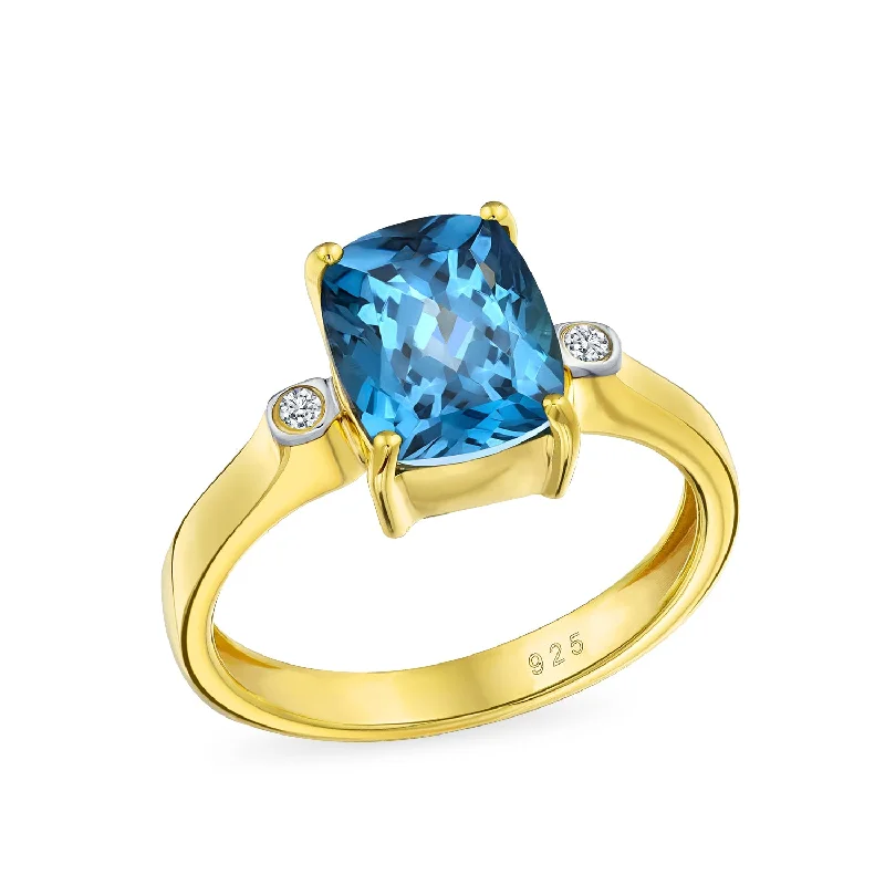 Engagement rings with bold tiger eye stones -3.17CT London Blue Topaz Emerald Cut Engagement Ring in 14K Gold Plated Silver