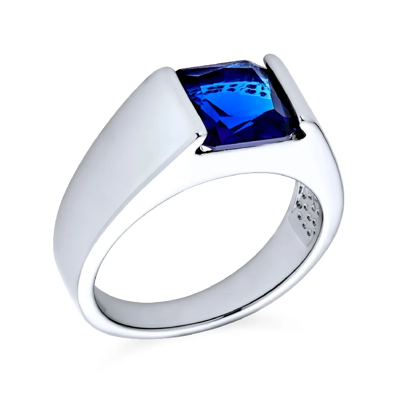 Engagement rings with asymmetrical halo of jade -Traditional Mens Stainless Steel Blue Sapphire CZ Square Cut Engagement Ring