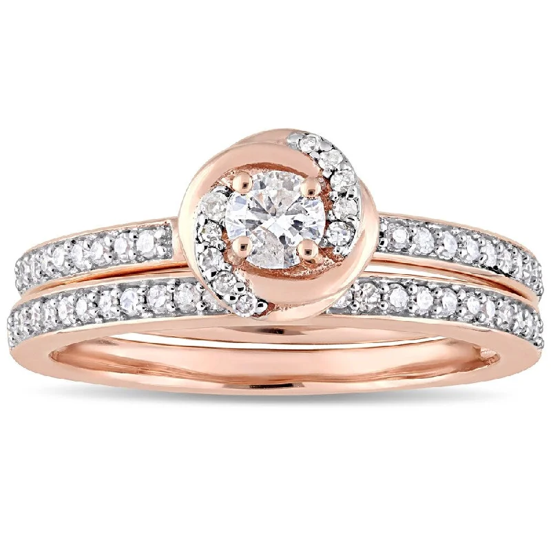 Engagement rings with vine-inspired topaz bands -Miadora 10k Rose Gold 1/2ct TDW Diamond Swirl Halo Bridal Ring Set