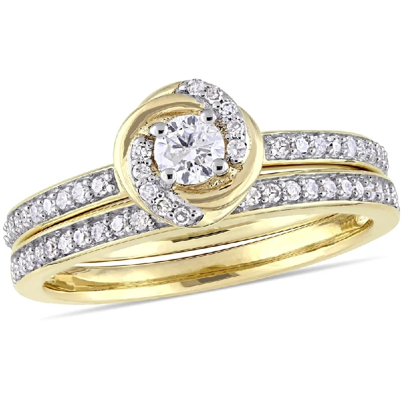 Engagement rings with cushion halo of garnet -Miadora 10k Yellow Gold 1/2ct TDW Diamond Swirl Halo Bridal Ring Set