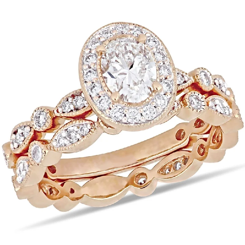 Engagement rings with spiral onyx for edge -Miadora 14k Rose Gold 1ct TDW Diamond Halo Infinity Vintage Bridal Ring Set