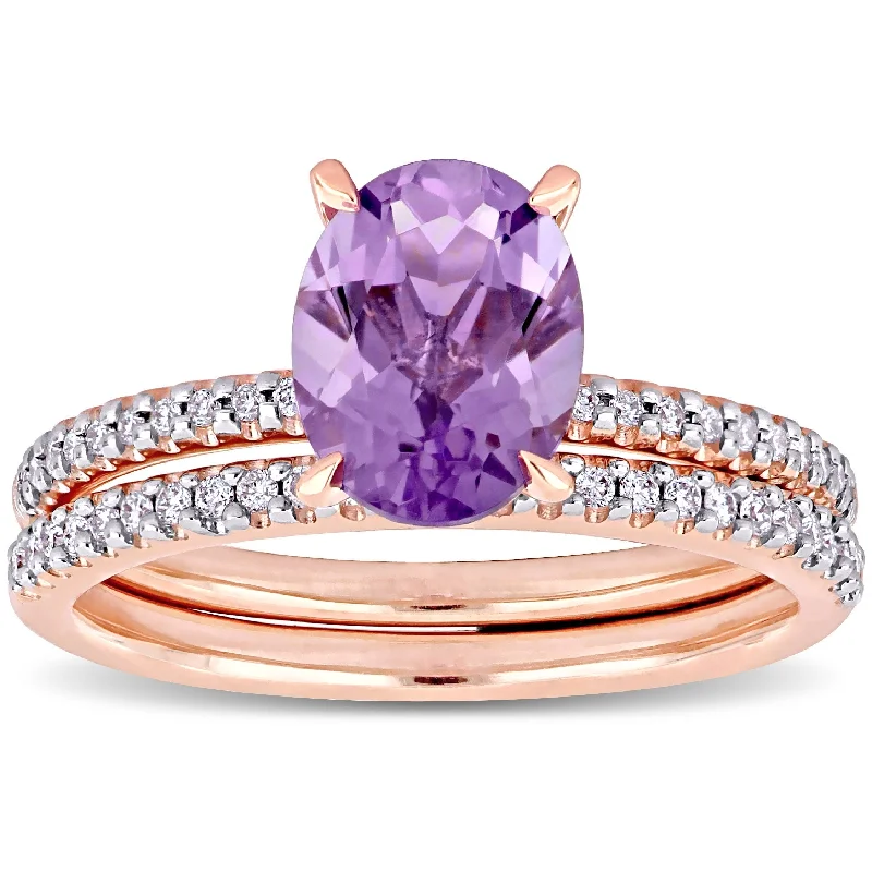 Engagement rings with gothic-inspired garnet details -Miadora 14k Rose Gold Oval-cut Amethyst and 1/4ct TDW Diamond Solitaire Bridal Ring Set