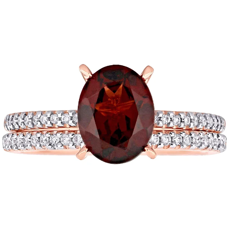 Engagement rings with bezel-set citrine for safety -Miadora 14k Rose Gold Oval-cut Garnet and 1/4ct TDW Diamond Solitaire Bridal Ring Set