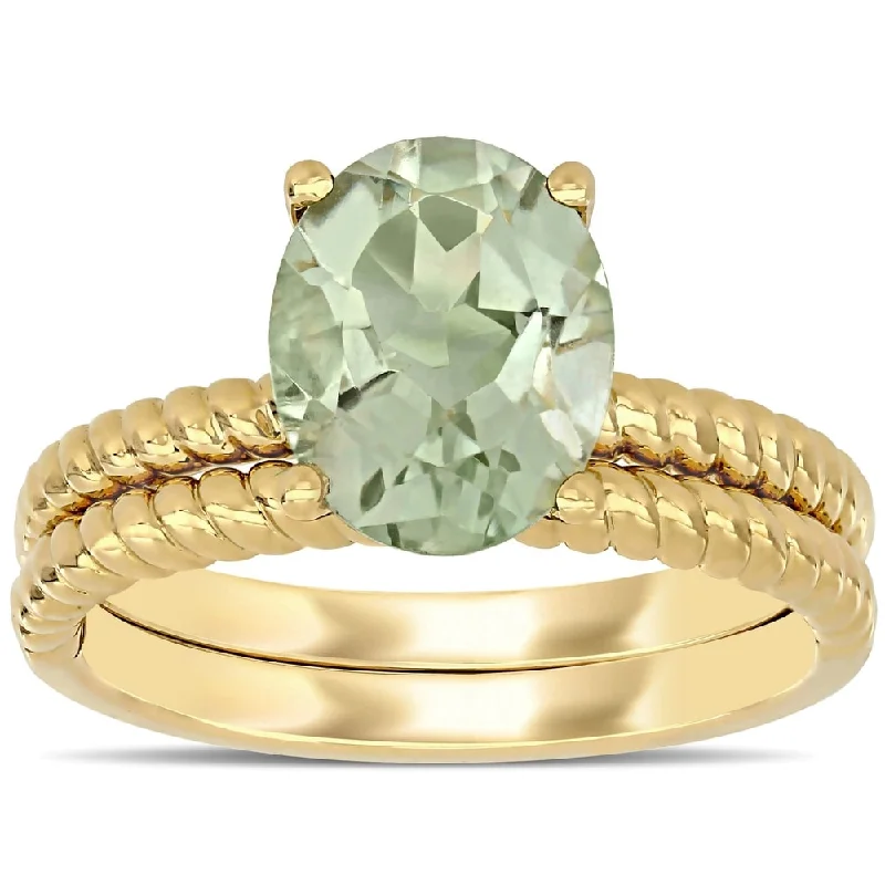 Engagement rings with two-tone sapphire bands -Miadora 14k Yellow Gold Green Amethyst Solitaire Twisted Bridal Ring set