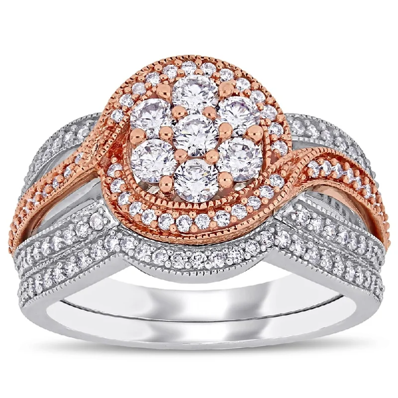 Rose gold engagement rings with shimmering moonstone -Miadora 2-Tone 14k Gold 1ct TDW Diamond Floral Cluster Halo Bridal Ring Set