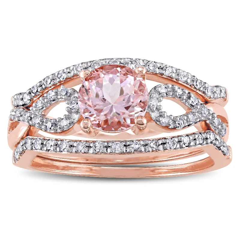 Engagement rings with trillion-cut moonstone gems -Miadora Signature Collection 10k Rose Gold Morganite and 1/5ct TDW Diamond Infinity Bridal Ring Set - Pink