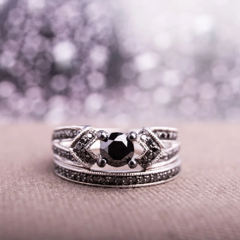 Engagement rings with carved moonstone band patterns -Miadora Sterling Silver 1 1/8ct TDW Black Diamond Bridal Ring Set