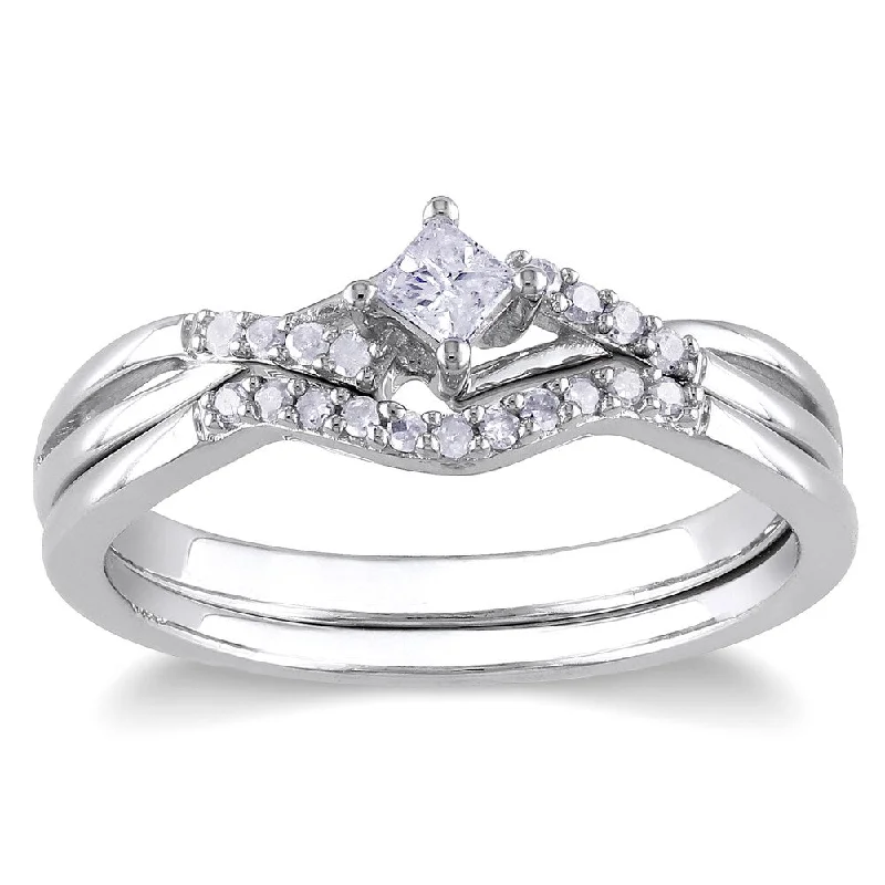 Engagement rings with sunburst aquamarine arrangements -Miadora Sterling Silver 1/5ct TDW Diamond Bridal Ring Set