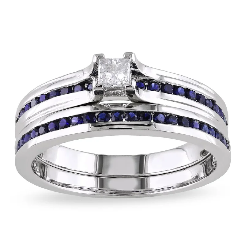 Engagement rings with classic round sapphire brilliance -Miadora Sterling Silver 1/6ct TDW Princess-cut Diamond and Sapphire Engagement Wedding Band Ring Set