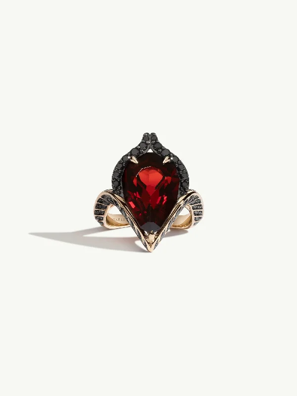 Engagement rings with vintage-inspired claw prongs -Oceanna Ring With Red Garnet & Brilliant-Cut Black Diamonds In 18K Yellow Gold