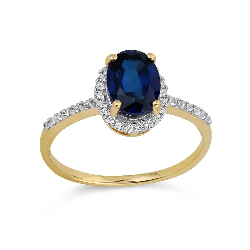 Engagement rings with yellow gold raw topaz -Petite 1.5CT Oval Gemstone Created White Blue Sapphire Halo Ring 10K Yellow Gold