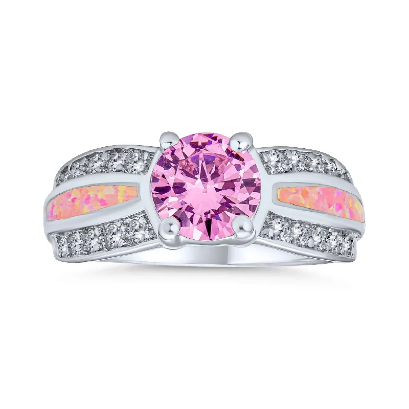 Custom engagement rings with engraved floral bands -Unique Pink AAA CZ Round Solitaire Engagement Ring with Opal Inlay Band