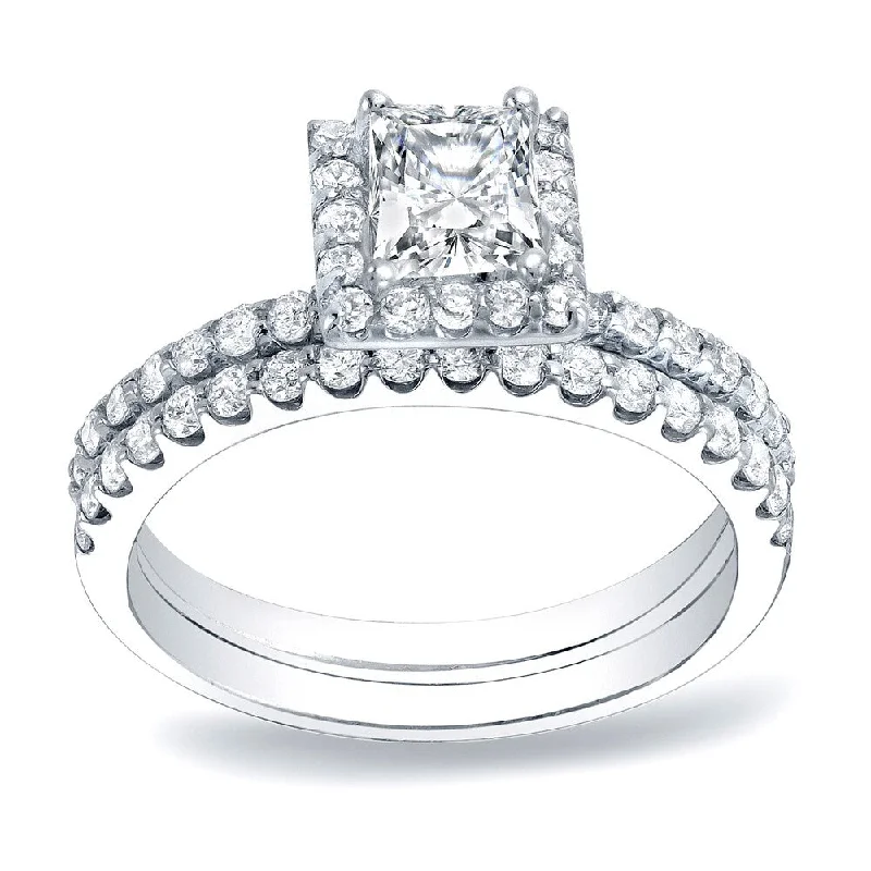 Engagement rings with asymmetrical halo of jade -Platinum 1 1/4ct TDW Princess Cut Diamond Halo Engagement Ring Set by Auriya